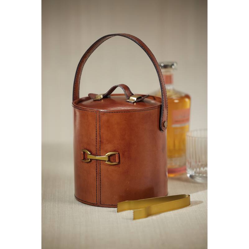 Chadwell Leather Ice Bucket with Gold Metal Ice Tong - 8" dia x 7.5"
