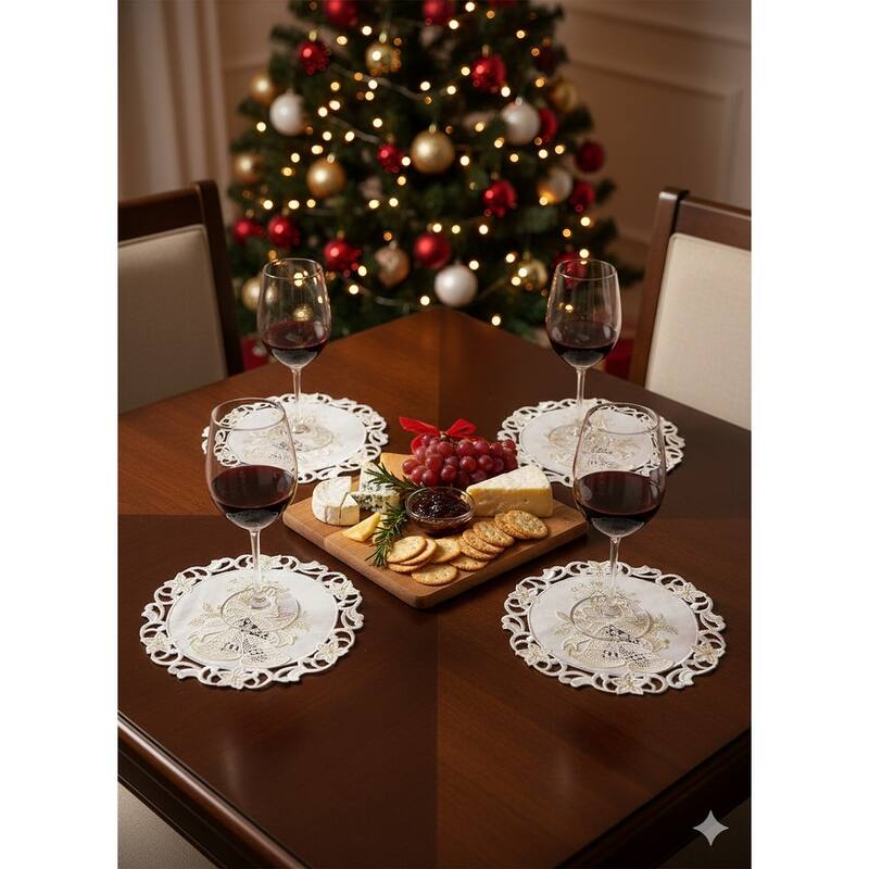 Christmas Candle Beige Lace Embroidered Cutwork Round Placemat, 8-Inch diameter