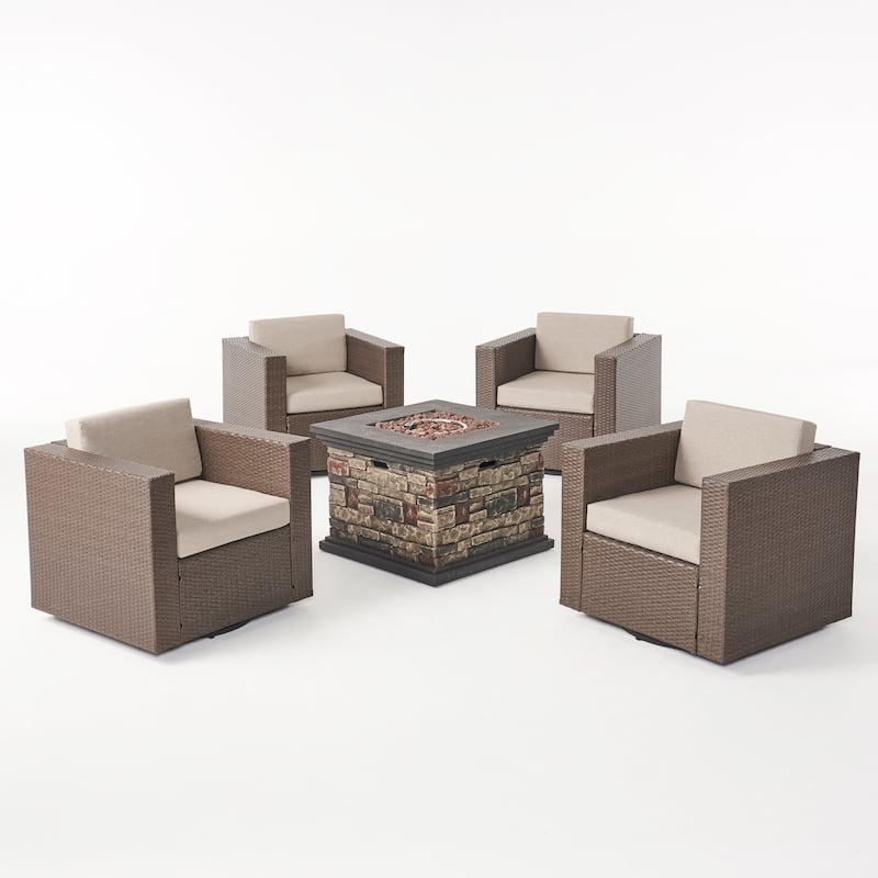 Puerta Outdoor 5-piece Wicker Chair and Square Stone Firepit Set by Christopher Knight Home