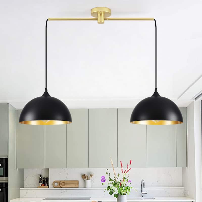 34.64inch 2 Lights Modern Simple Design Pendant with Metal Shade for Living Room Kitchen Island - Black+Gold