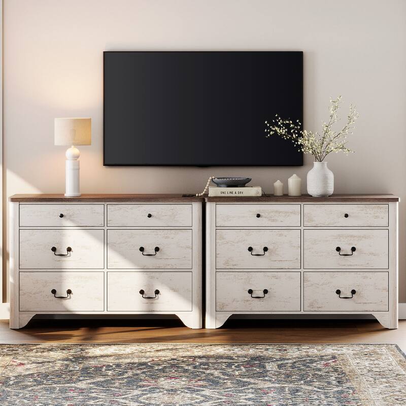 WAMPAT Farmhouse Dresser TV Stand with 12 Drawers for TVs up to 90 Inch, 94.5" W Wood Entertainment Center with Storage - White