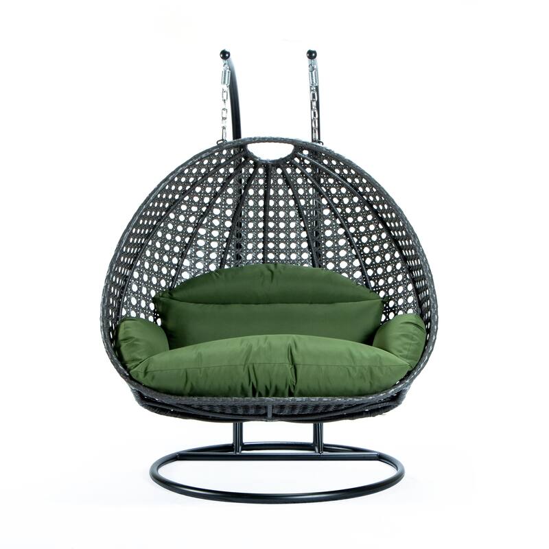 LeisureMod 2-Person Hanging Egg Swing Chair with Metal Stand - Handcrafted Charcoal Wicker, Patio Hammock Lounger with Cushions