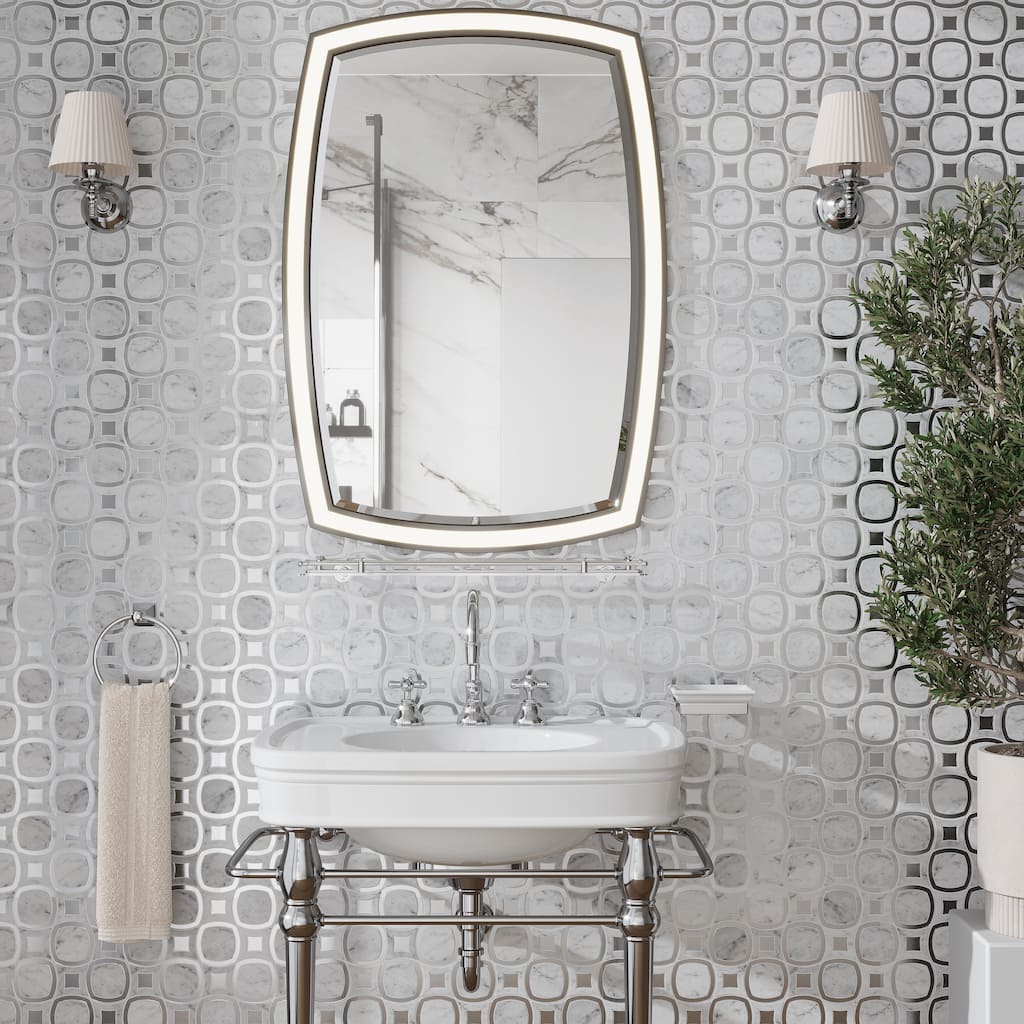 Apollo tile 11 x 11 Elysian Polished Glossy Cloud White Silver Bianco Carrara, Glass Marble Tile (4.51 sq ft/case) - 5 Pack