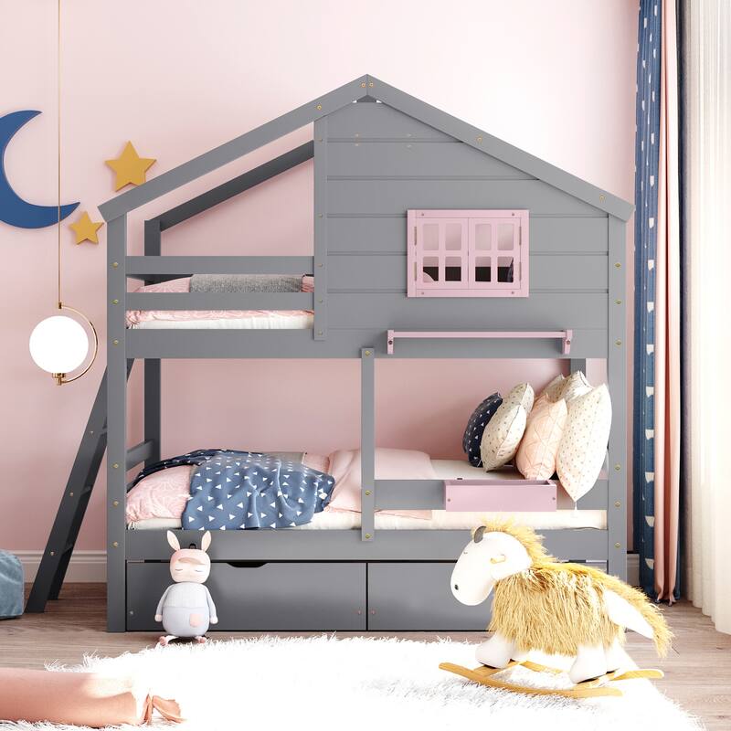 Bunk Bed with 2 Drawers, 1 Storage Box, 1 Shelf, Window and Roof