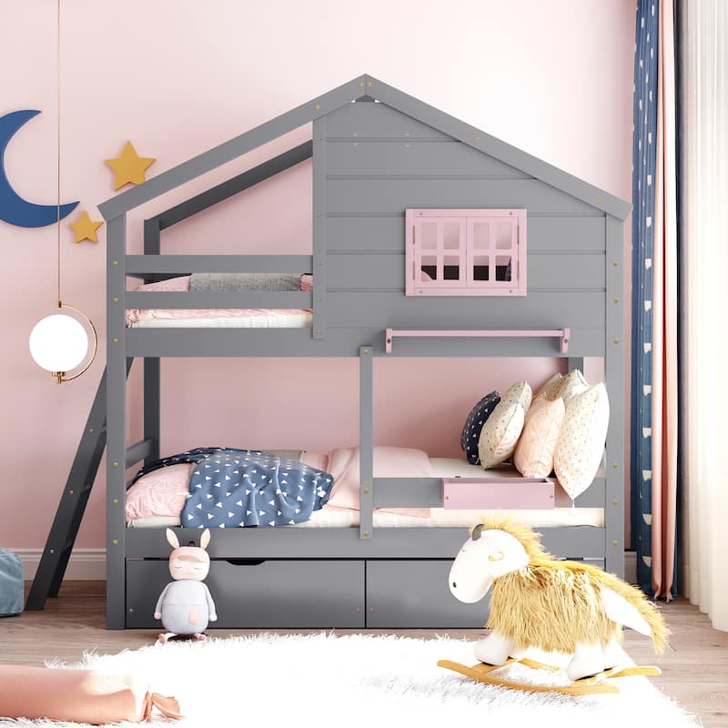 Twin over Twin Bunk Bed with 2 Drawers and Shelf, Window & Roof