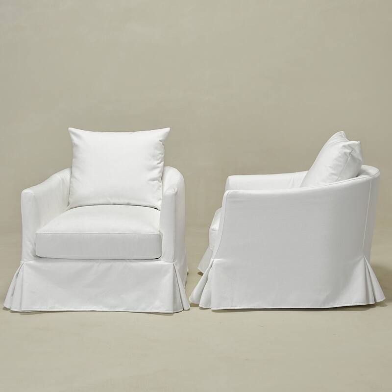 KINWELL 32" W Down Fill Upholstered Slipcovered Swivel Barrel Accent Armchair