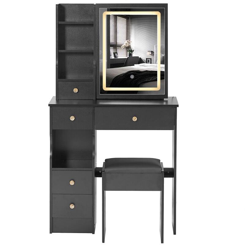 29.2" Small Size Left Drawer Desktop Vanity Table + Cushioned Stool, Large Sliding, Touch Control, Tri-color Switching