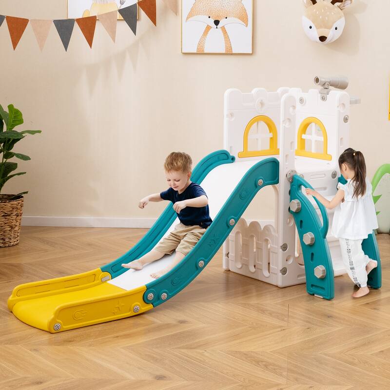 6 in 1 Toddler Slide and Playset for Kids with Basketball Hoop Climber Telescope and Storage - 27" x 57" x 33.5" (L x W x H)