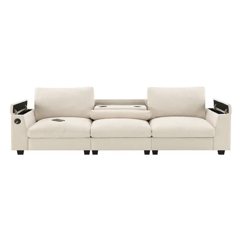 Chenille Cloud Sofa with Cup Holders, USB Port & Bluetooth Speaker, Convertible Loveseat with Drop Down Table & Storage Armrest