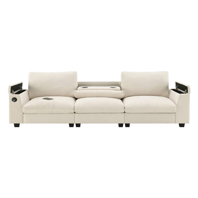 Chenille Sectional Sofa With Bluetooth Speaker,Cloud Couch Set With Drop Down Table,Cup Holders,Usb Charger,Storage Armrest