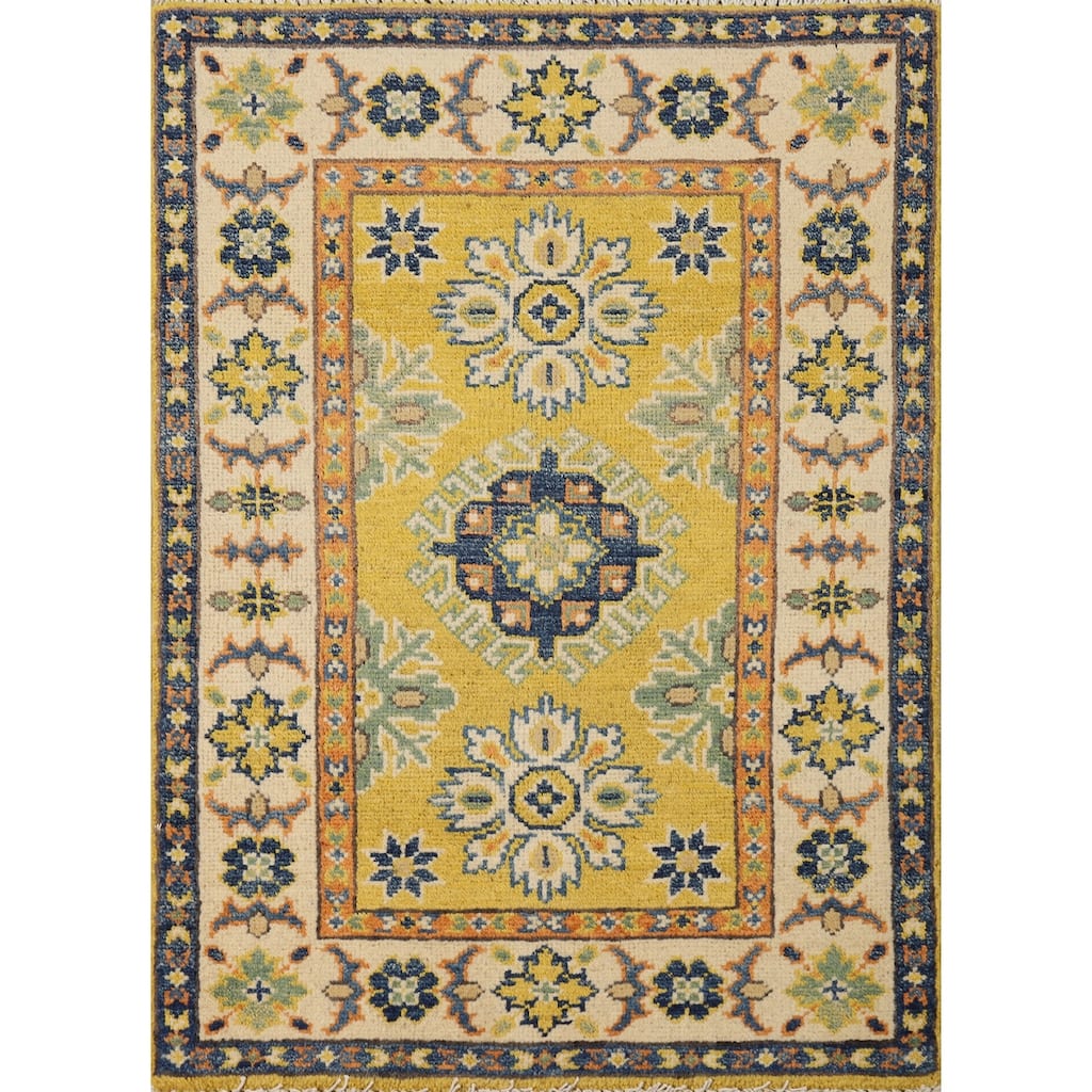 Traditional Kazak Oriental Foyer Rug Hand-Knotted Yellow Wool Carpet - 2'0"x 3'0"