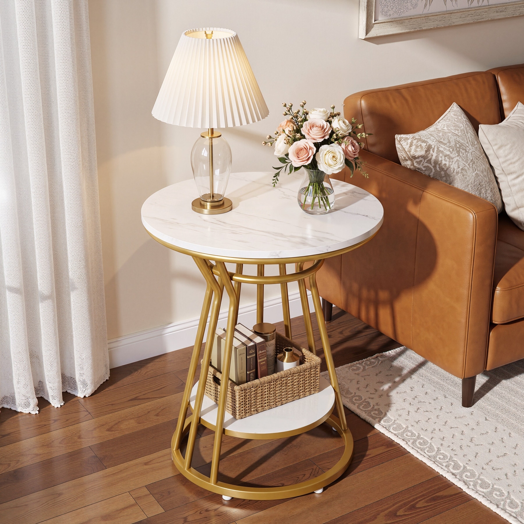 Round Side Table, 2-Tier Faux Marble End Table, Modern Bedside Accent Table Nightstand with Storage for Living Room Bedroom
