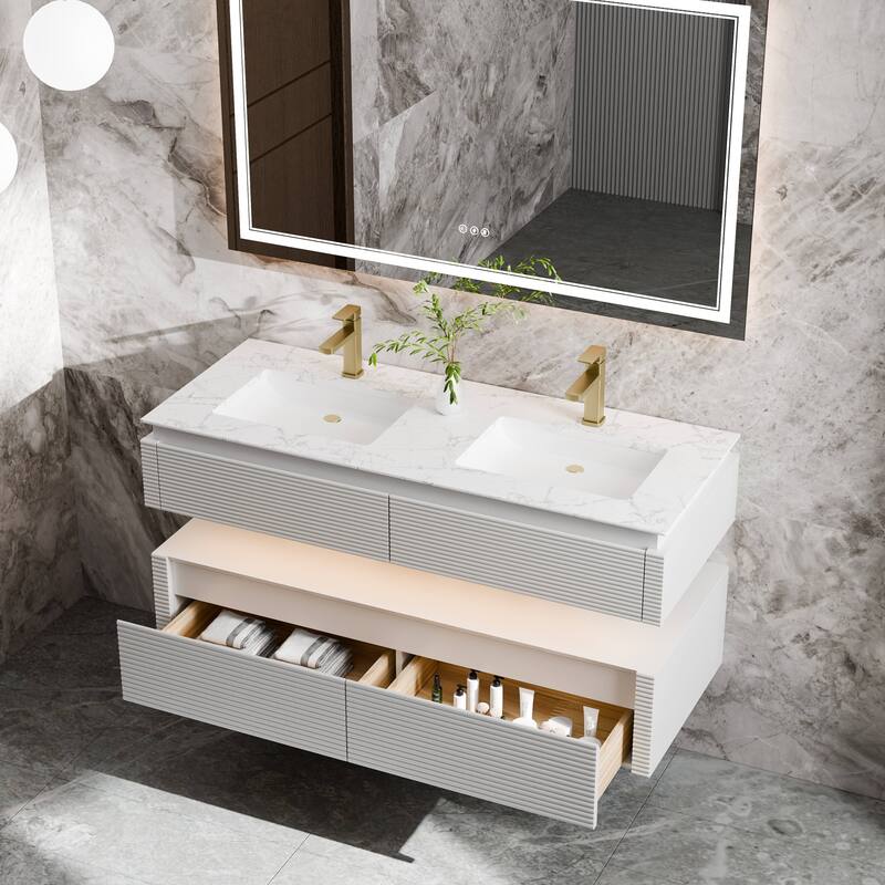 Modland 48" Modern Wall-Mounted Double Sink Bathroom Vanity with Engineered Stone Countertop,LED Light