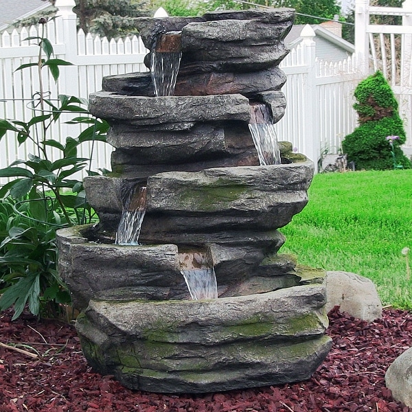 Sunnydaze Lighted Cobblestone Waterfall Fountain with LED Lights - 31 Inch Tall