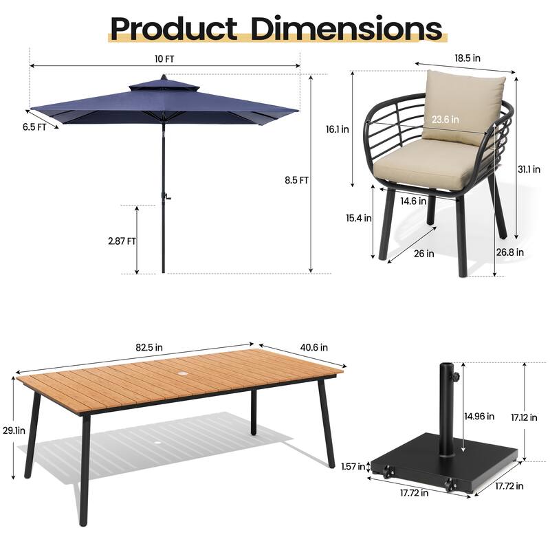 11PC Outdoor Patio Dining Set Aluminum Table with Sunbrella Cushion Chairs w/ Premium Market Umbrella Sets