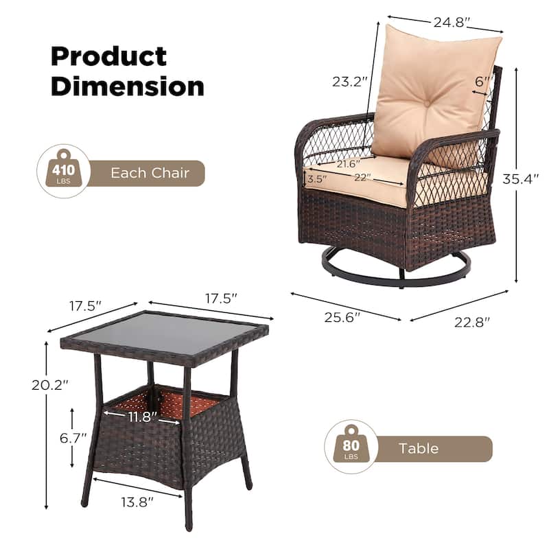 3-Piece Outdoor Rocking/Swivel Chair Set - PE Rattan Patio Furniture with Cushions & Coffee Table, Rocker Chairs for Backyard