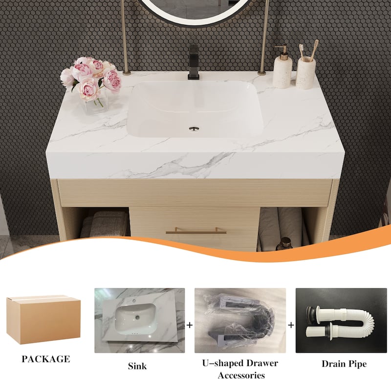 29.9-inch floating bathroom vanity with sintered stone countertop and ceramic undermount sink