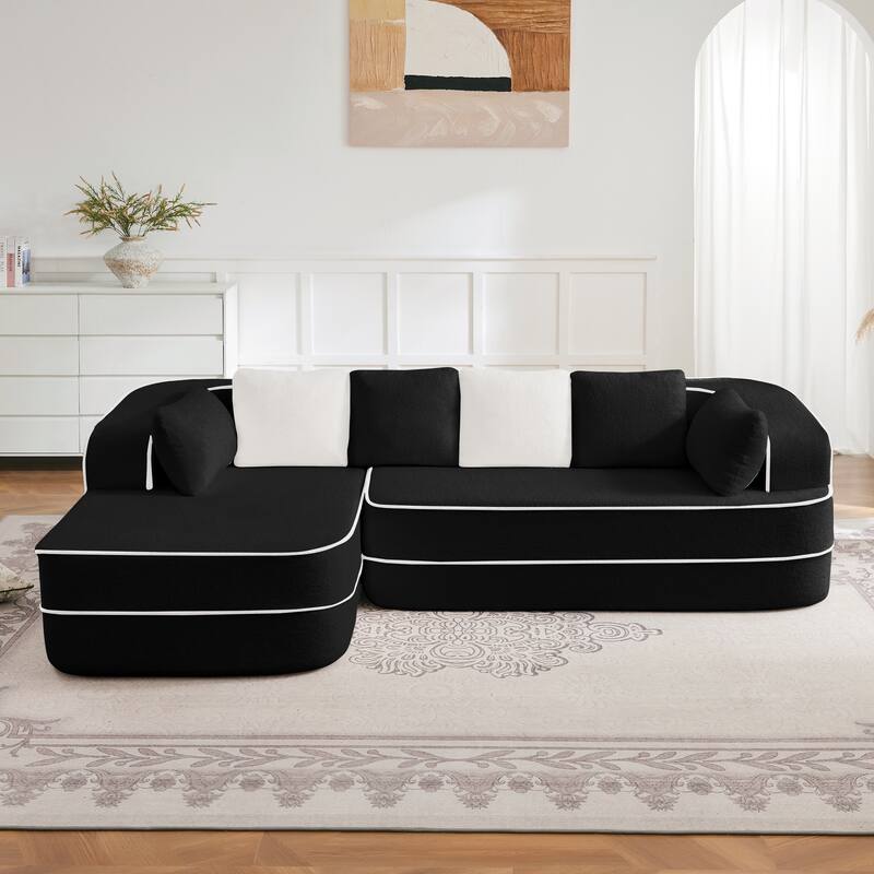 Roomfitters No Assembly Modular Sofa, 106 Inch Teddy Fabric Floor Couch with Chaise, Black