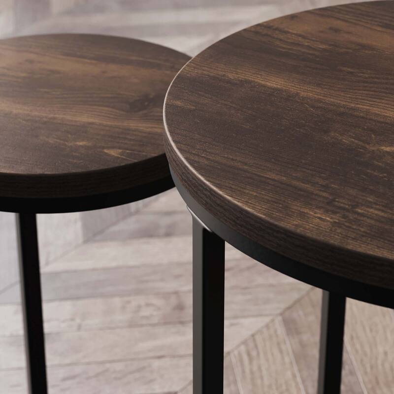 Nathan James Lula Tabletop with Metal Base Industrial Nested Round End Table Set of 2