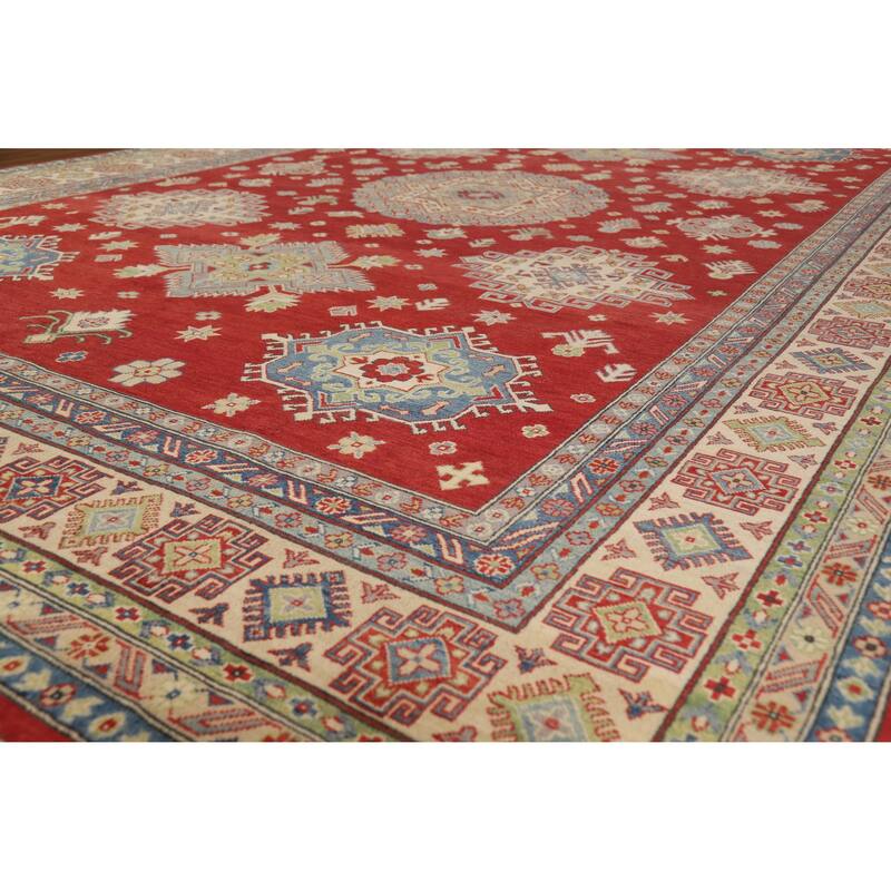 Hand Knotted Oriental 100% Wool Carpet Traditional Geometric Red Kazak Area Rug - 13' 11'' X 9' 6''