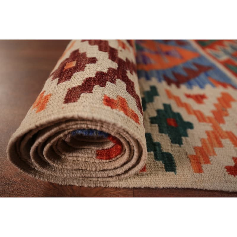 Geometric Kilim Reversible Area Rug Hand-Woven Wool Carpet - 8'0" x 11'10"