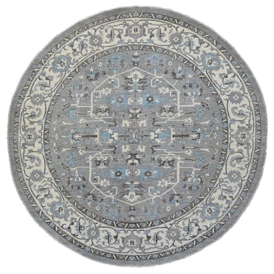 Shahbanu Rugs Hand Knotted Gray Heriz Fine Peshawar with All Over Design Pure Wool Oriental Round Rug (11'7" x 11'8")
