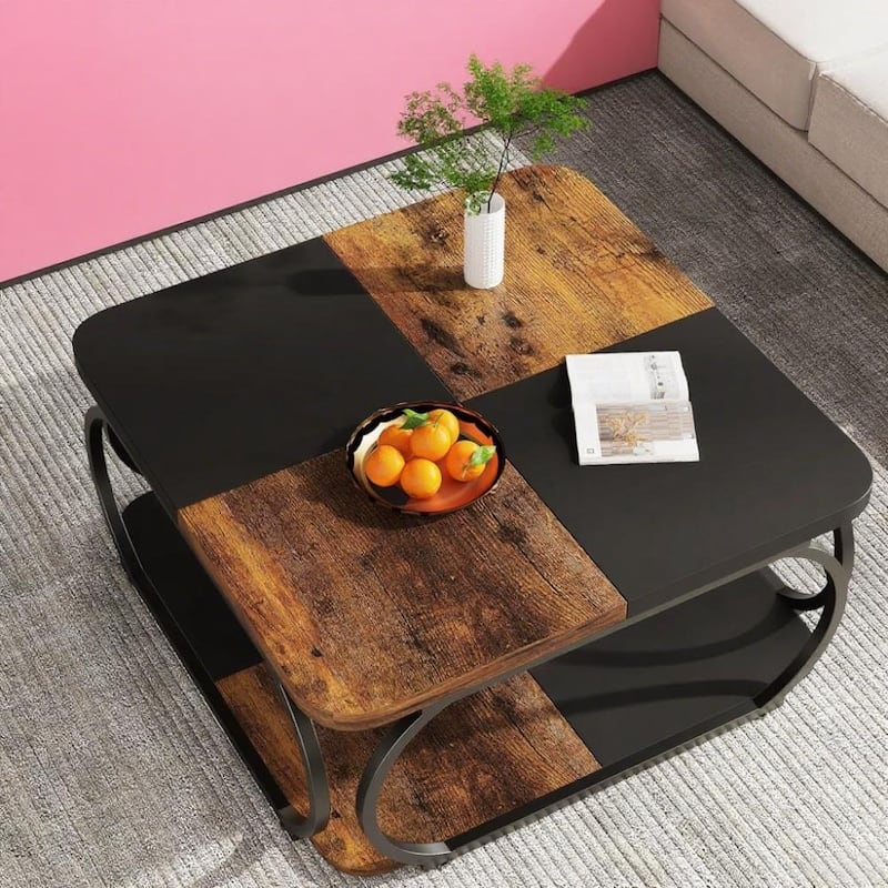 Rustic Brown and Black Square Coffee Table with Two-Tier Storage and Metal Frame for Living Room - 39.25”L x 39.25”L x 19.75”H