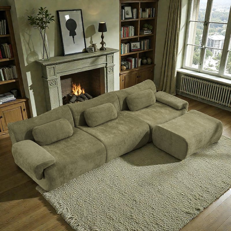 Modular Chenille Sofa Set with Armchair, Extra Large Deep Seat 3 Seater Compression Couch with Pillows