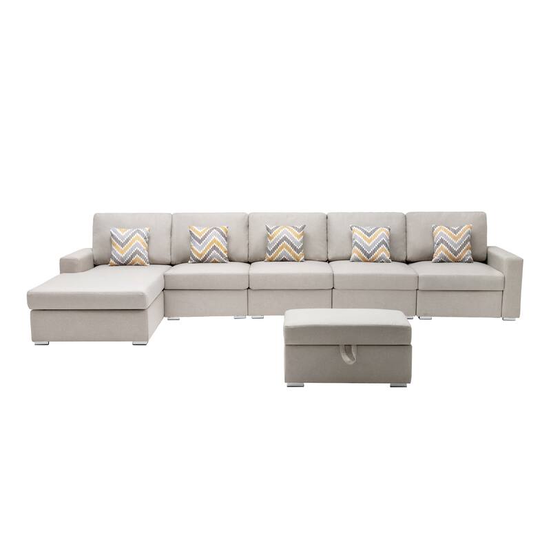Linen Fabric 6 Piece Reversible Sectional Sofa Chaise with Interchangeable Legs, 5 Pillows and Storage Ottoman in Beige - 6 Piece - Beige