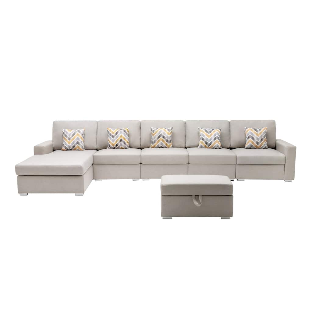 Linen Fabric 6 Piece Reversible Sectional Sofa Chaise with Interchangeable Legs, 5 Pillows and Storage Ottoman in Beige