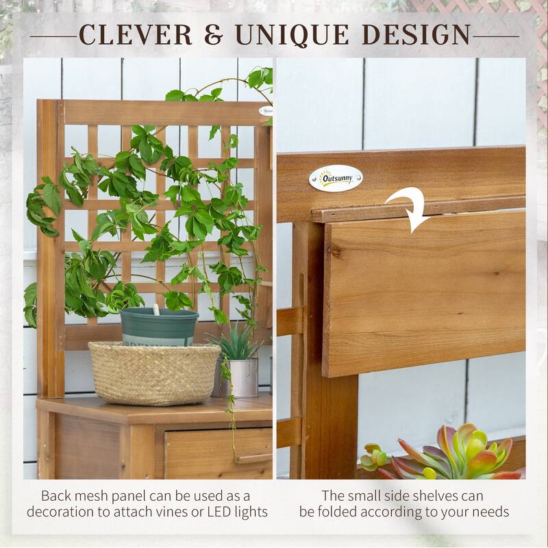 Outsunny Potting Bench Table, Garden Work Bench, Wooden Workstation with Tiers of Shelves and Drawer for Patio, Courtyards