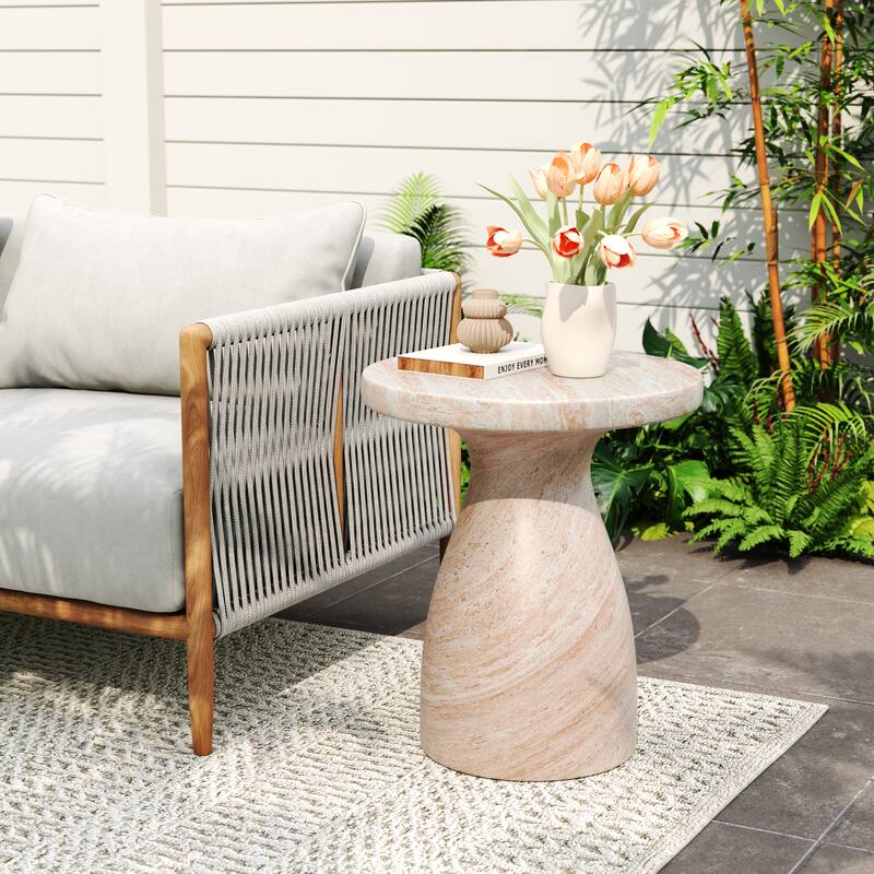 Roomfitters Outdoor MGO Side Table, Lightweight End Table with Black Marble Effect - Beige