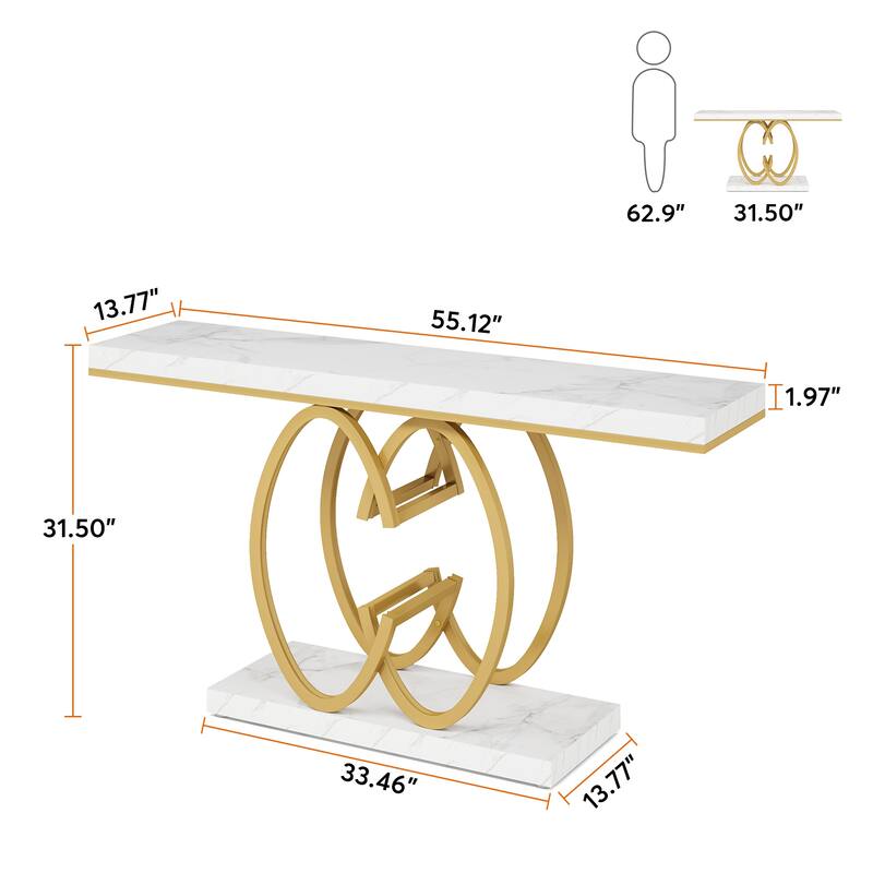 55 INCH White Console Table Modern Accent Table For Entryway with Geometric Base