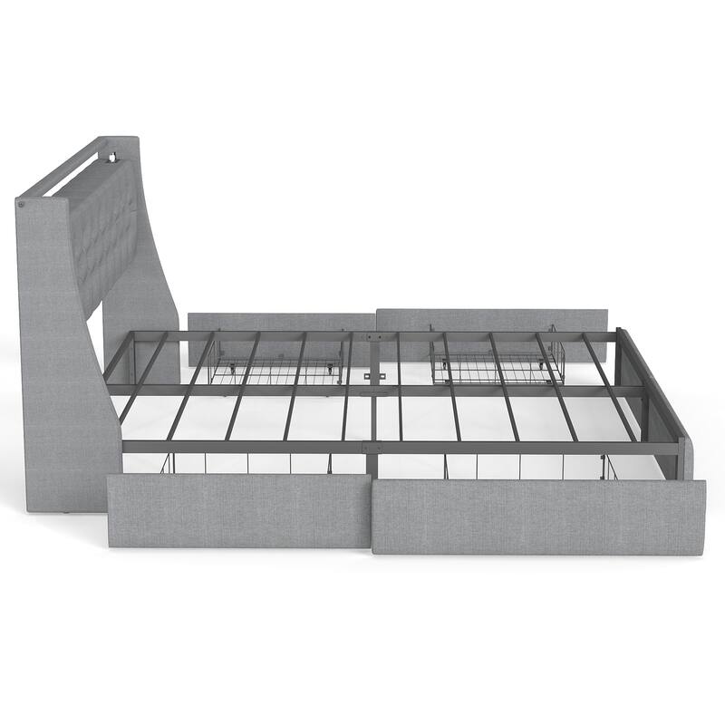 Queen Metal Platform Bed Frame - Grey, Storage Headboard with RGB LED & Charging Station