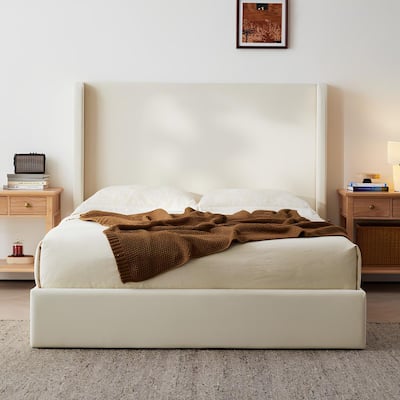 Christopher Knight Home - Carmen Upholstered Wingback Platform Bed Frame, Textured Ivory Chenille, No Box Spring Needed