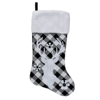 20.5" Black and White Plaid Rustic Reindeer Snowflake Christmas Stocking