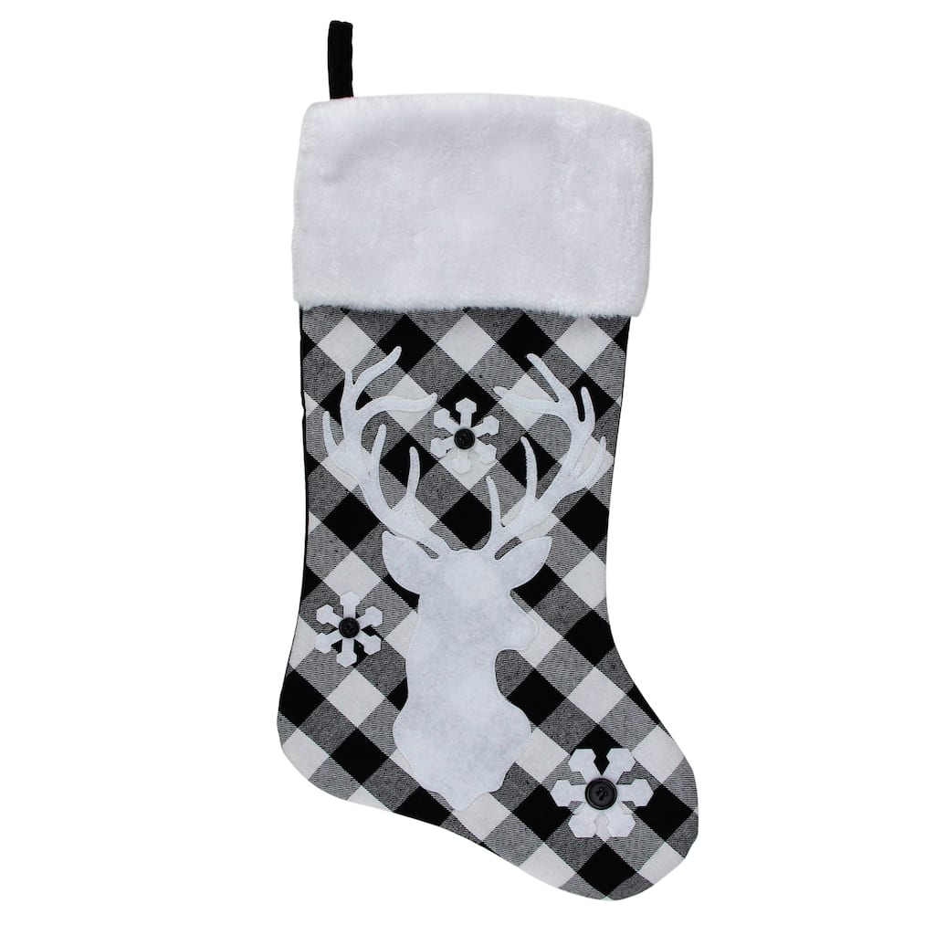 20.5" Black and White Plaid Rustic Reindeer Snowflake Christmas Stocking