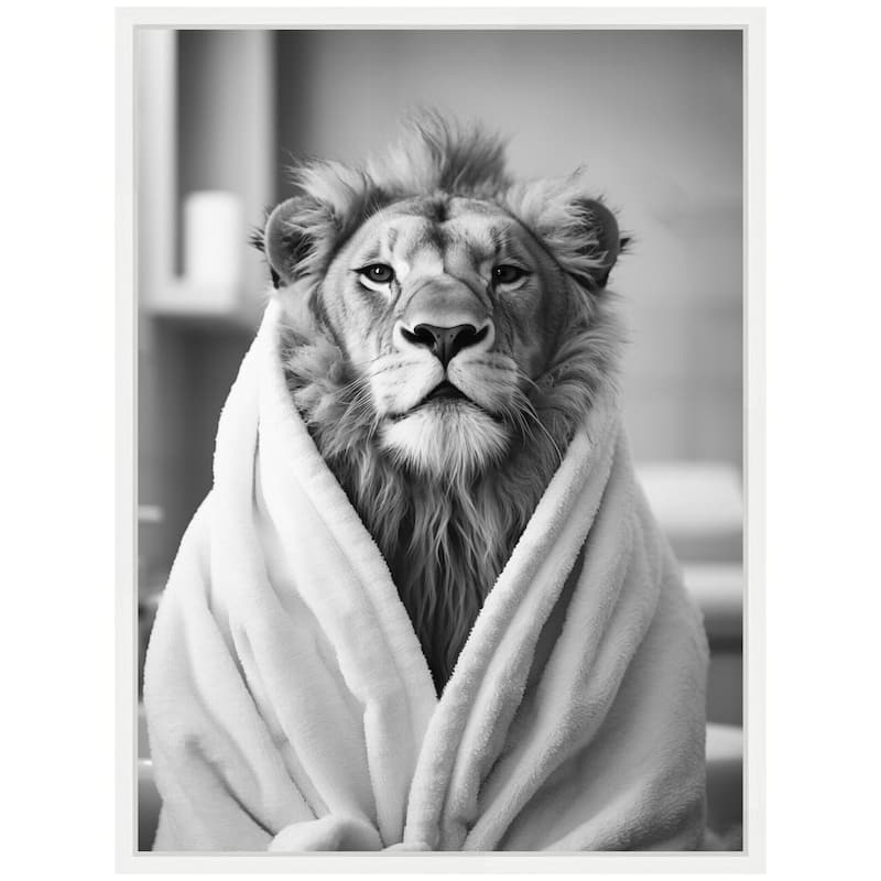 Kate and Laurel Sylvie Lion Bathroom Art Towel Robe Black and White Framed Canvas by The Creative Bunch Studio