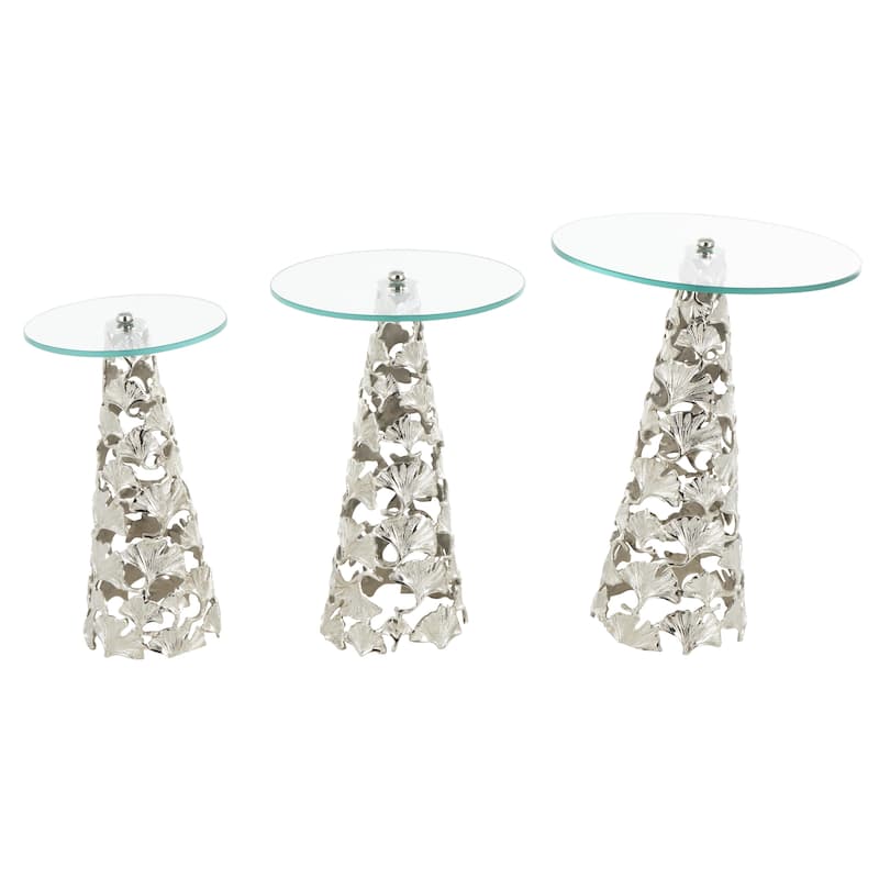 Aluminum Metal Floral Cutout Cone Shaped Accent Table with Tempered Glass Tabletop - Set of 3 Silver or Gold - Roche River Decor