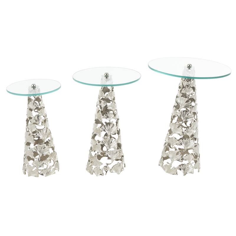 Gold or Silver Aluminum Metal Cutout Cone Shaped Floral Side End Accent Table with Tempered Glass Tabletop (Set of 3)