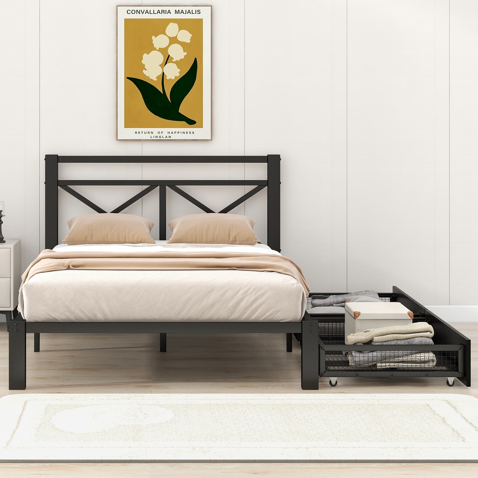 Black Twin Size Metal Storage Platform Bed with 2 Drawers