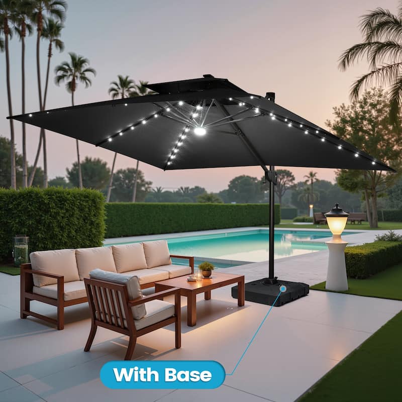 13 x 10ft Outdoor Aluminum Dual Top Patio Cantilever Umbrella LED Light with Weights Base