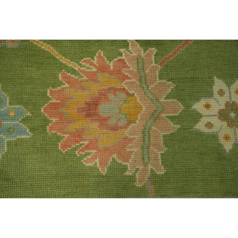 Floral Green Oushak Vegetable Dye Large Rug, Floral Geometric Carpet - 14' 10'' X 11' 10''