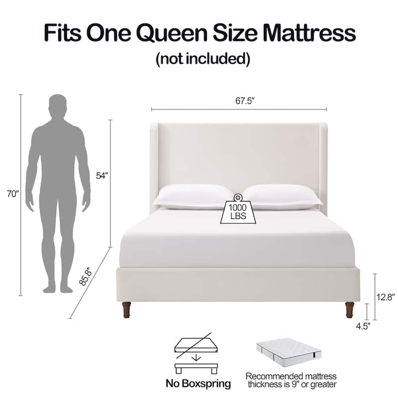 Queen Size Chenille Upholstered Wingback Bed with 54" Wingback Headboard and Solid Wood Feet