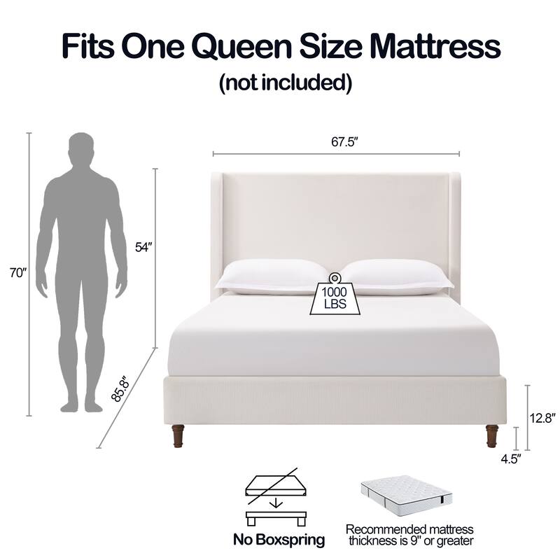 Queen Size Upholstered Bed with 54 Inch High Headboard, Cream White Chenille, Easy Assembly, No Box Spring Needed