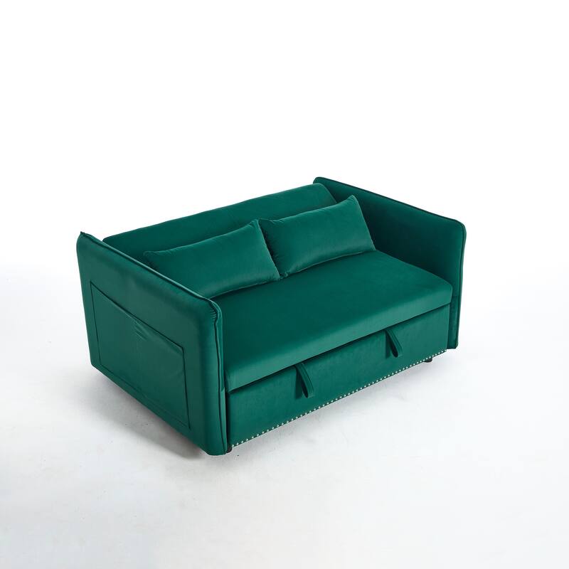55" Velvet Convertible 3-in-1 Sleeper Sofa Bed with Reclining Backrest, Side Pockets, and 2 Pillows