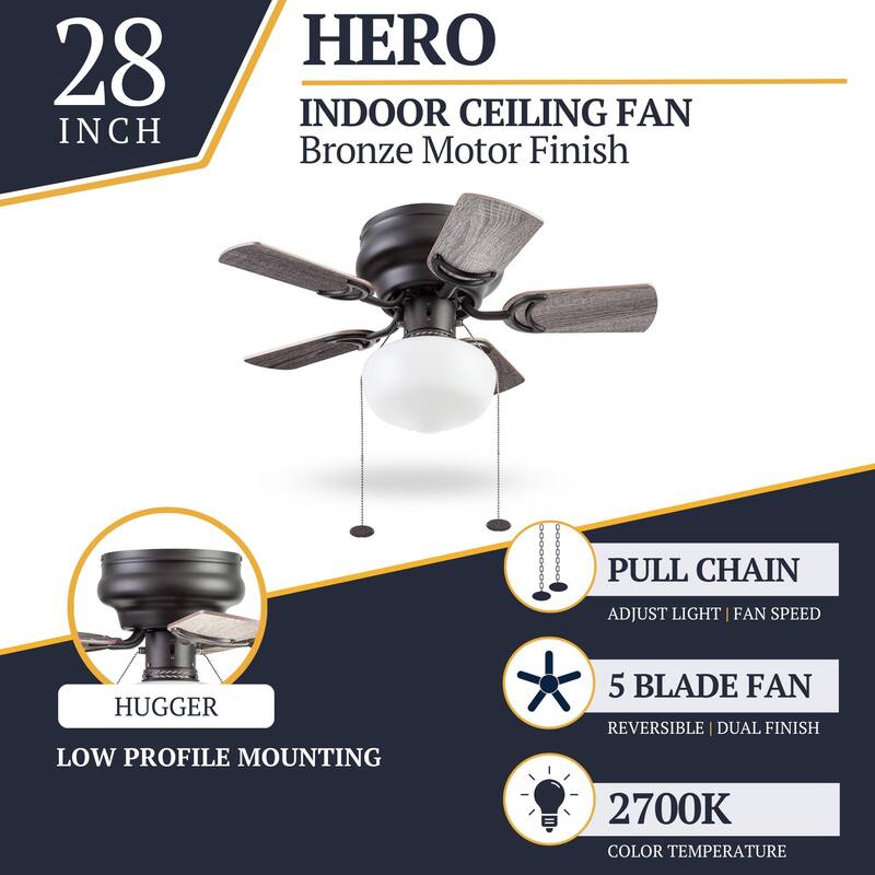 28" Prominence Home Hero Bronze Traditional Flush Mount Indoor LED Ceiling Fan with Light, Pull Chain