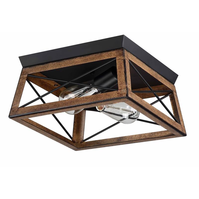 Mousse 12 in. W. 2-Light Flush Mount with Matte Black Finish and Barnwood Accents - Barnwood