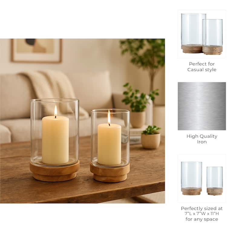 Glass and Wood Candle Stands for Pillar Candles - Set of 2, 9" & 11" Natural