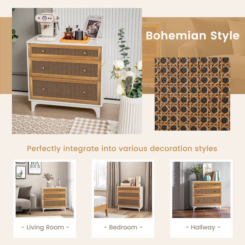 Costway 3-Drawer Rattan Dresser Modern Closet Chest Storage Cabinet